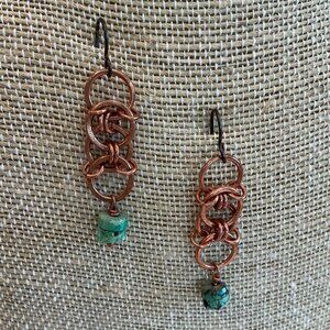 Lulii Blu, Copper and Turquoise Chainmail Earrings , 1.5" drop, .45" wide